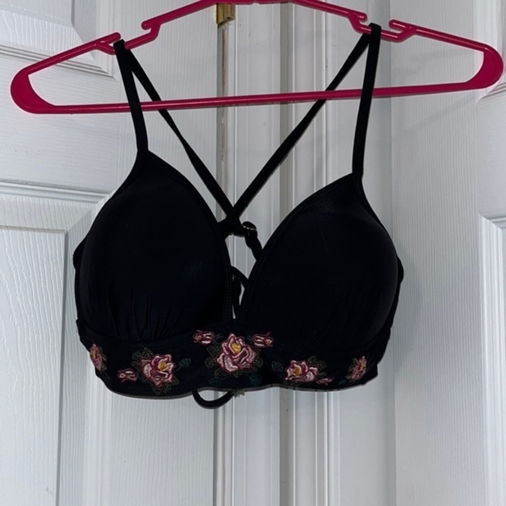 Black Floral Embroidered Bikini Top - Size M (8-10)